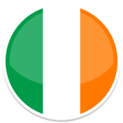 A circular icon featuring the Irish flag with vertical stripes in green, white, and orange from left to right
