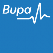 Logo of Bupa with a heartbeat line, in blue and white, symbolizing health insurance services