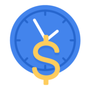 An icon combining a clock and a dollar sign, suggesting time is money or financial services.