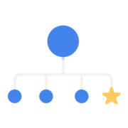 Icon depicting a network hierarchy with a blue circle at the top connected to smaller circles, highlighting a central point of contact