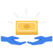 A stylized icon illustrating two hands gently holding a shining golden coin, symbolizing wealth management, financial care, investment, donation, or savings.