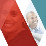 Logo consisting of two overlapping geometric shapes, a triangle and a parallelogram, with the images of a smiling woman and a smiling man. The triangle is on the left with a red gradient background and contains the woman's image, while the parallelogram is on the right with a teal gradient background and contains the man's image. The design conveys a dynamic and inclusive feel.