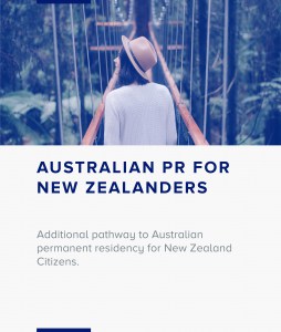 An informative graphic with text that reads 'AUSTRALIAN PR FOR NEW ZEALANDERS - Additional pathway to Australian permanent residency for New Zealand Citizens.' Below the text, there is an image of a person from behind, wearing a hat and looking out into a forested area with hanging bridges