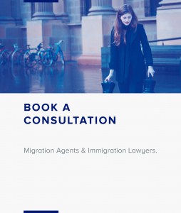 An image with a promotional message, "BOOK A CONSULTATION," in large white letters at the top against a blue background. Below the main text is a subtitle "Migration Agents & Immigration Lawyers." The background image appears to be a slightly out-of-focus photo of a person dressed in a dark coat reaching out to a mailbox, with a bicycle and the façade of a classic building in the background, conveying a sense of everyday life and possibly the environment where the consultation might occur.