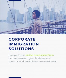 A promotional flyer for corporate immigration solutions, suggesting a service to help businesses navigate the complexities of sponsoring overseas workers.