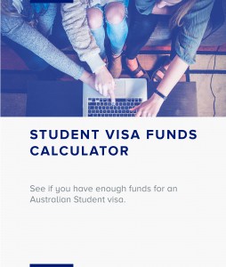 A promotional image for a student visa funds calculator, featuring an overhead view of three individuals using a laptop, suggesting assistance with financial planning for education-related immigration to Australia.