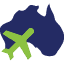 A lime green airplane graphic against a dark blue background with scattered dot patterns, possibly representing travel or immigration to Australia.