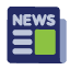Icon for immigration news with the word 'NEWS' in white letters on a dark blue background, accompanied by three horizontal lines representing text and a square block, possibly symbolizing a news bulletin or article.