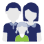 Icon representing a family unit for Australian spouse and partner visa application, featuring two adults and one child in silhouette with a navy blue background