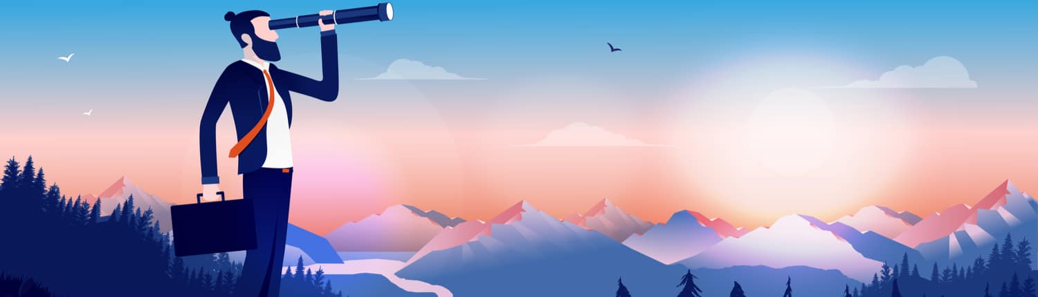 A stylized illustration of a businessman with a beard, looking through a telescope towards a sunset over mountain peaks. He is standing in a landscape with silhouetted pine trees, and the sky gradients from purple to orange, implying exploration, ambition, or future planning.