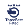 Logo for 'Three Best Rated,' consisting of a dark blue snail-like symbol and five stars above the text, indicating a ranking or endorsement for high-quality service.