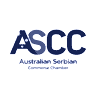 Logo for ASCC, Australian Serbian Commerce Chamber, with a geometric design featuring the letters 'ASCC' in bold white font on a grey background, with the full name underneath in smaller text.