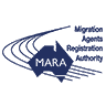 Solid navy blue square, potentially representing a background or placeholder for text or logo related to MARA, migration agents based in Melbourne.
