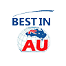 A small logo featuring the phrase 'BEST IN AU' in capital letters, with a stylized representation of the Australian continent in red on top of a blue globe, all set against a light blue background