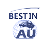 Logo with the phrase 'BEST IN AU' above a stylized globe graphic with a plane, emphasizing excellence in Australian services or products.