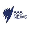 Logo for SBS News, featuring an abstract, lightning-like symbol in bright blue alongside the words 'SBS NEWS' in capital letters on a navy blue background, representing the Special Broadcasting Service News channel in Australia