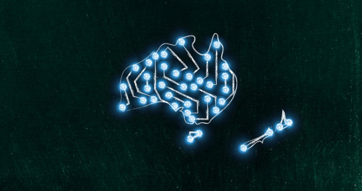 Graphic of a glowing digital handprint, representing identity verification or digital security in technology