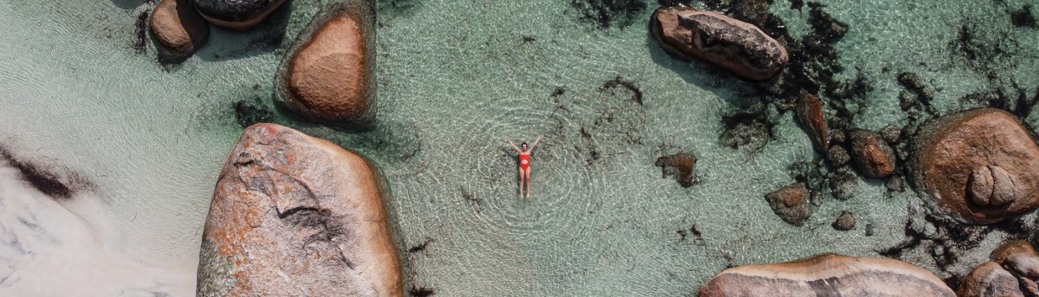 Aerial view of a person surrounded by stingrays in shallow water, suggesting a unique travel or migration experience offered by Visa Envoy.