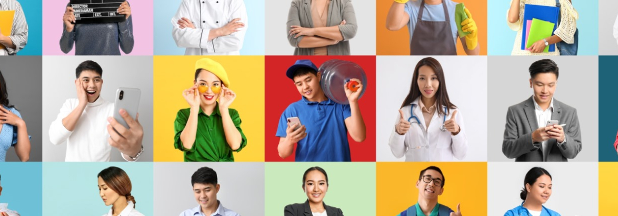 A collage of men and women dressed in work clothes representing a range of different occupations