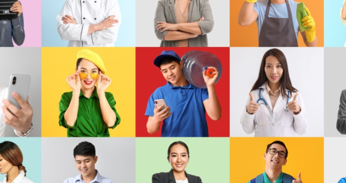 A collage of men and women dressed in work clothes representing a range of different occupations