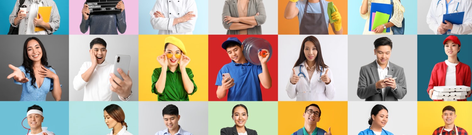 A collage of men and women dressed in work clothes representing a range of different occupations