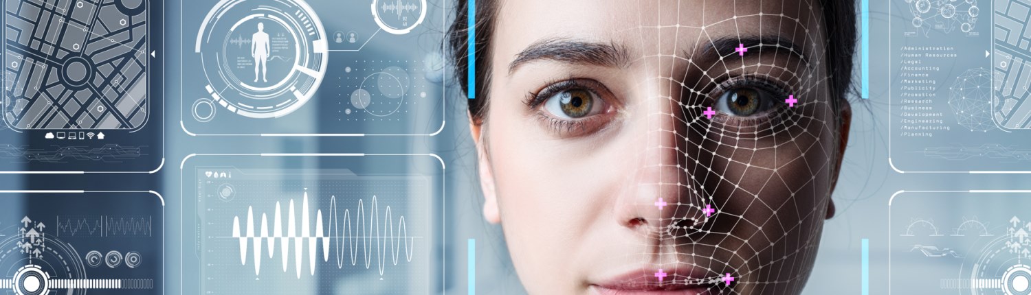 A woman's face partly overlaid with a matrix, with a background suggesting biometric data gathering and analysis