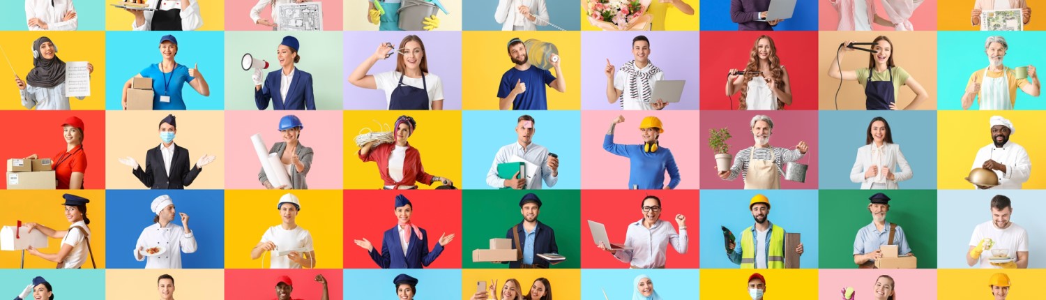 A colorful collage displaying a diverse array of people, each representing different professions and wearing corresponding work attire, set against vibrant, multicolored backgrounds. The grid-like arrangement emphasizes the variety and diversity of the workforce.